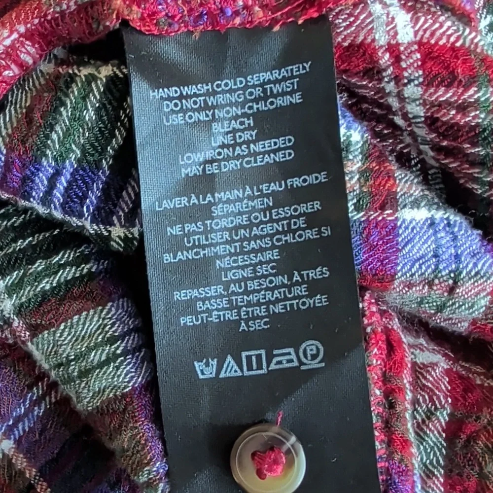 Pilcro Cinched Deep V Plaid Button Down Longsleeve Multicolor Boho Top Size L - Picture 7 of 11